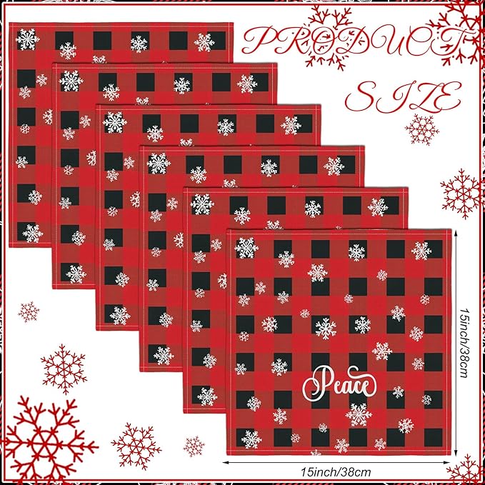 24 Pcs Christmas Plaid Cloth Napkins Buffalo Gingham 15 x 15 Inches Snowflakes Black and Red Checked Cotton Dinner Napkins Soft Absorbent Washable for Holiday Winter Xmas Party