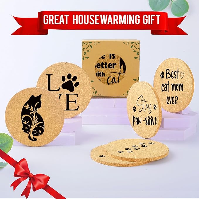 Coasters for Drinks with Holder Set of 6, Cat Paw Coaster for New Home Couples House Warming Gifts Absorbent Cork Wood for Cup Desk Coffee Table Office Kitchen Decor, Round 4"