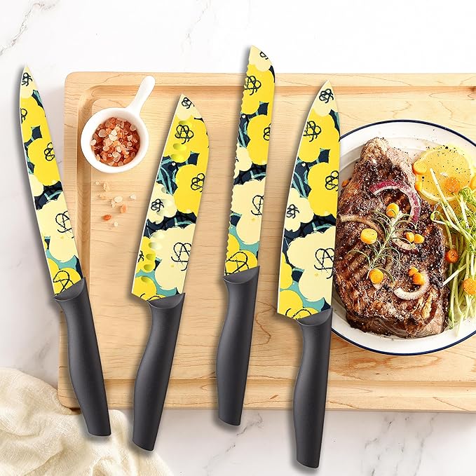 Marco Almond Knife Set Artistic Designed Pattern Kitchen Knife 6 Stainless Steel Kitchen Knives w 6 Blade Guards, Dishwasher Safe Knives for Family Kitchen Knives Set for Chefs