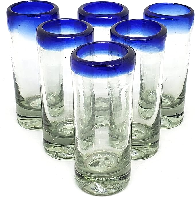 Cobalt Blue Rim 2 oz Tequila Shot Glasses (set of 6), Recycled Glass, Lead-free, Toxin-Free (Shot)