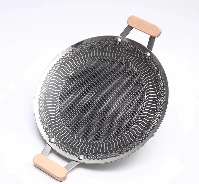 Korean Grill Pan,Nonstick Round Griddle Grill Pan for Korean BBQ Nonstick Round Griddle Grill Pan, Portable Round Cast Stainless Steel Skillet with Handle for Indoor or Outdoor Grilling,13.3 in