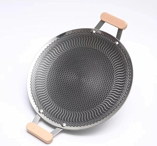 Korean Grill Pan,Nonstick Round Griddle Grill Pan for Korean BBQ Nonstick Round Griddle Grill Pan, Portable Round Cast Stainless Steel Skillet with Handle for Indoor or Outdoor Grilling,14.9 in