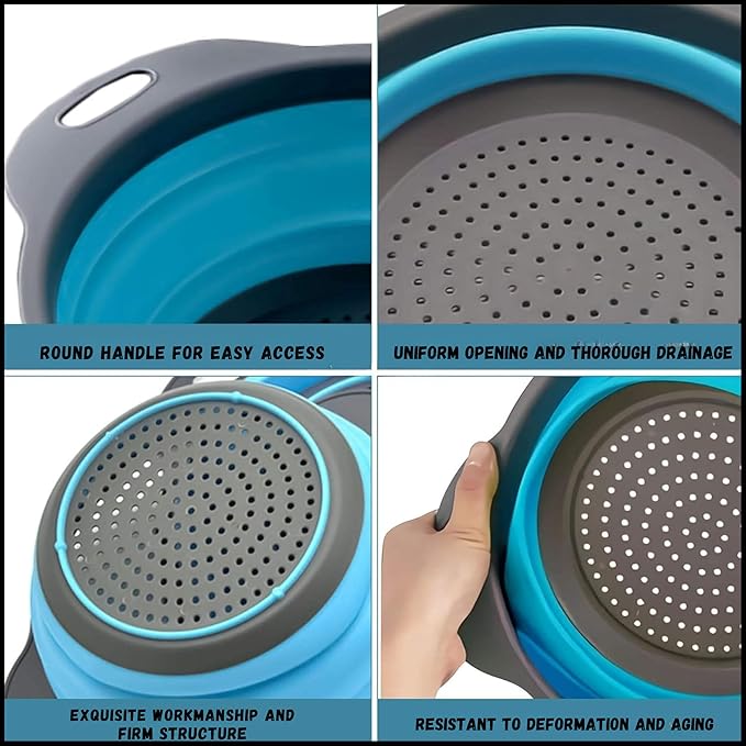 Collapsible Colander Set,Premium Food Grade Silicone Folding Strainers with Handles Space Saving Colanders for Draining Pasta,Vegetables & Fruits,Ideal for Kitchen & Travel (3pc(blue))