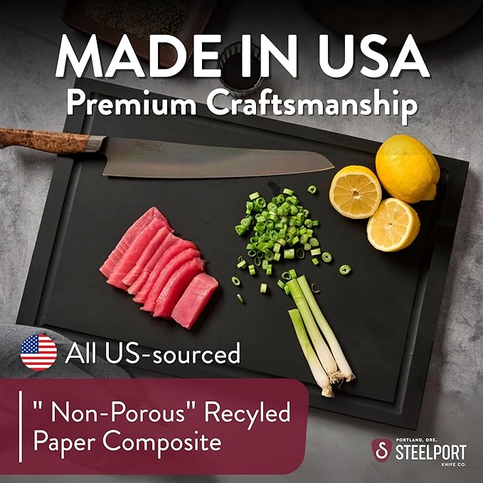 STEELPORT Cutting Board 18”x12” - Steel Reinforced, Ultra-thin | Dual Surface End-Grain Walnut Wood, Composite Side | Professional Butcher Block Chopping Board | Handcrafted in USA