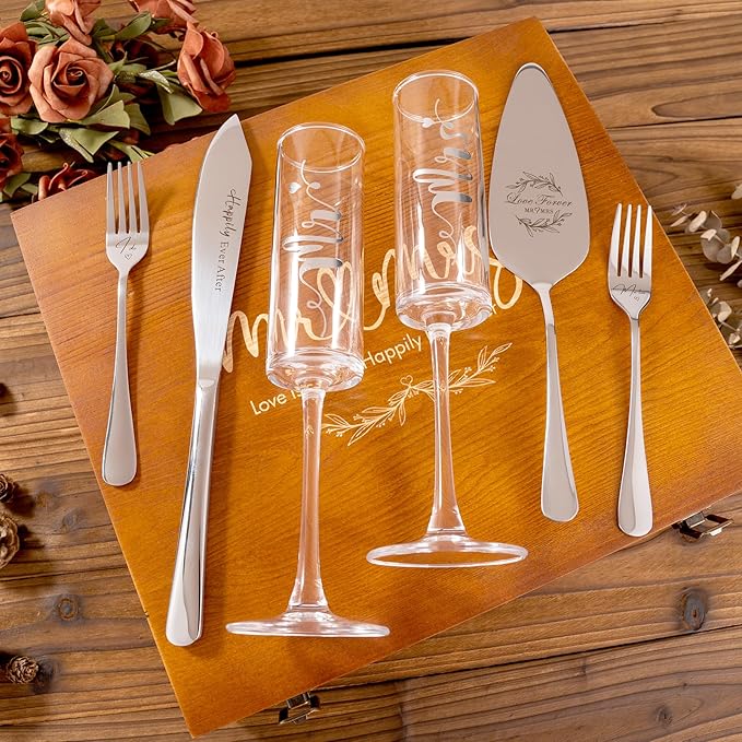 Wedding Cake Knife and Server Set, Mr and Mrs Champagne Flutes & Forks with Wooden Box, Silver Cake Cutting Set for Wedding Engagement Bridal Shower Gifts
