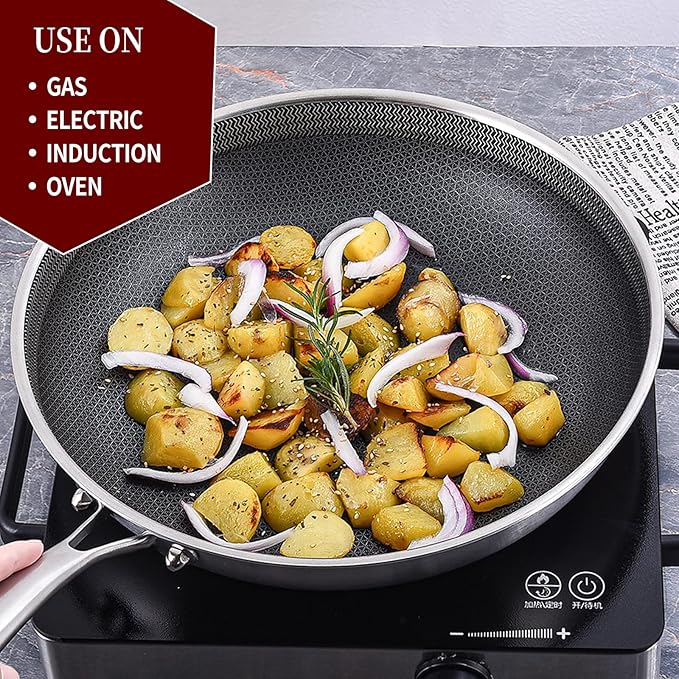 LOLYKITCH 10 In Hybrid Nonstick Stainless Steel Sauté Pan with Lid,Deep Frying Pan,Skillet,Induction Pan,Heavy Duty and Oven Safe,Detachable Handle.