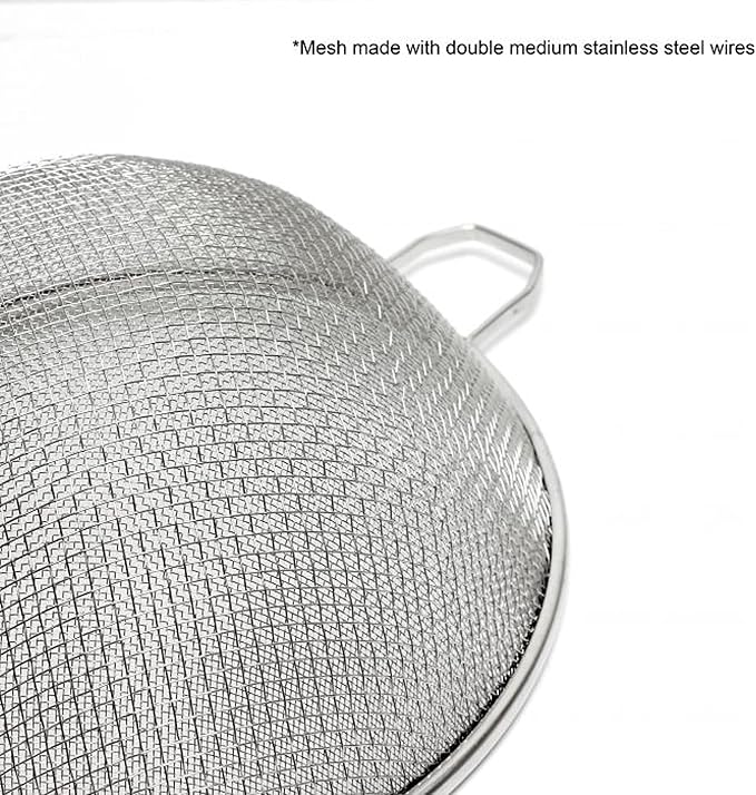 TrueCraftware- 10-Inch Double Medium Mesh Strainer Stainless Steel 10-3/4" Handle Length Wooden Handle- Kitchen Utensil Food Strainer Skimmer Spoon for Cooking Sieve Sifters Pasta Fruits Vegetable