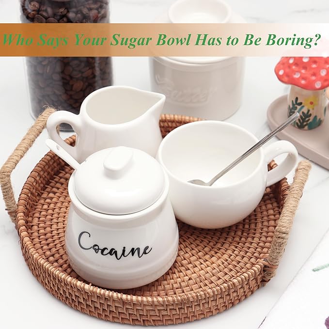 Ceramic Sugar Bowl with Lid and Spoon - Funny Sugar Container with Lid and Spoon for Coffee Bar Decor, 12 oz Sugar Jar Sugar Dispenser Gag Gift (White)