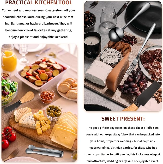 20 Pieces Charcuterie Board Accessories Spreader Knife Set Cheese Butter Spreader Knife Charcuterie Utensils with Wooden Handles Mini Serving Tongs Spoons Forks for party Wedding Christmas (Black)