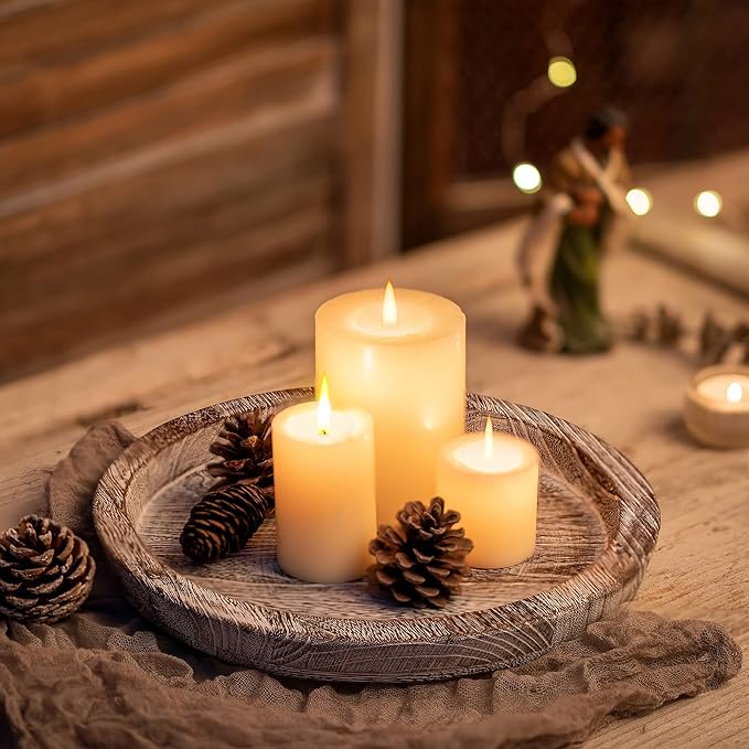 Hanobe Candle Plate Holder Tray: Round Wooden Decorative Candle Plate Small Farmhouse Table Centerpiece Rustic Whitewash Wood Tealight Pillar Trays for Christmas Wedding Halloween Home Decor