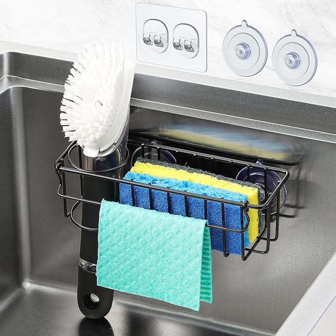3-In-1 Sponge Holder for Kitchen Sink, 2 Type Suspension Options (Suction Cups & Adhesive Hook), Hanging Sink Organizer Rack - Sponge, Dish Cloth, Brush, Scrubber, 304 Stainless Steel - Black