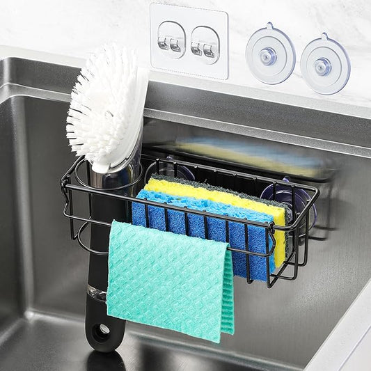 3-In-1 Sponge Holder for Kitchen Sink, 2 Type Suspension Options (Suction Cups & Adhesive Hook), Hanging Sink Organizer Rack - Sponge, Dish Cloth, Brush, Scrubber, 304 Stainless Steel - Black