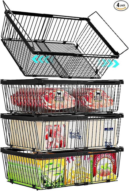 Large Freezer Organizer Bins，Upgraded Bottom Leak-Proof net，Fit 10 to 20 Cu.Ft Deep Freezer，4Pack， Expandable Stackable Chest Freezer Organizer Bins , for Fridge, Deep Freezer, Cabinet