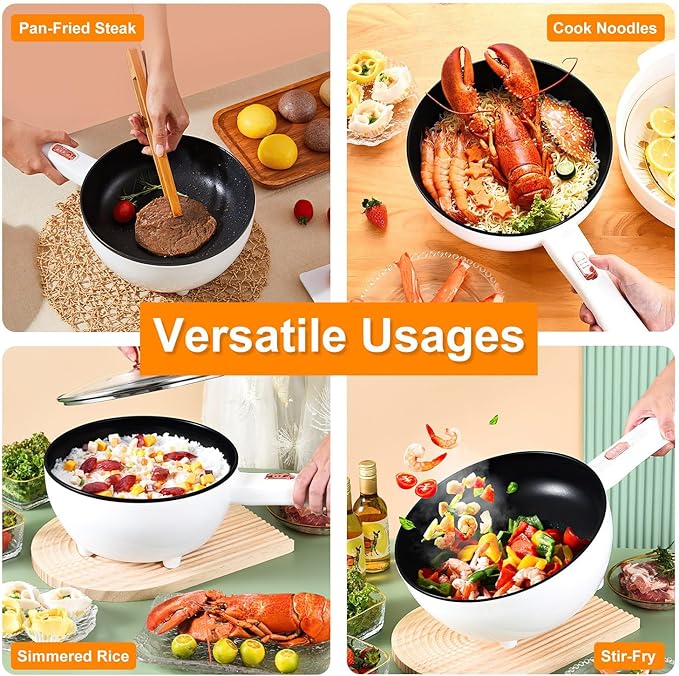 iMounTEK Electric Hot Pot Non-Stick Frying Pan Portable Rapid Noodles Cooker with Long Handle Steamer Spatula Dual Power Control Overheat Dry-Boil Protection for College Dorm Room Essential for Party
