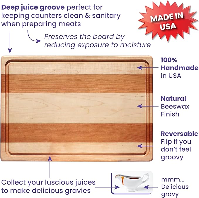 Maple and Cherry Wood Cutting Board - American Made in USA - Unique Kitchen Gifts - Large 14 x 20 inch