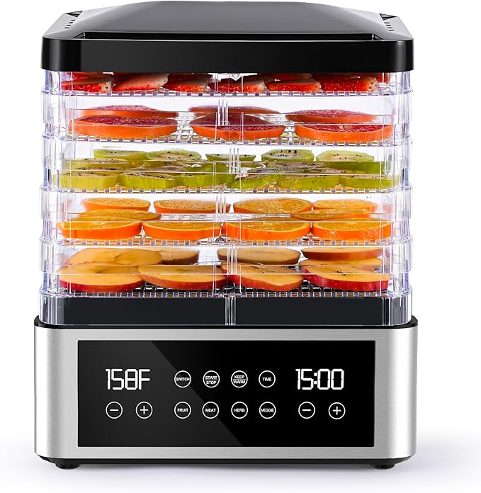 Food Dehydrator, One-Touch Dehydrator with Automatic Temperature Control 5 BPA-Free 11.4" Trays, Dehydrated Dryer for Jerky, Dog Treats, Herbs, Meat, Fruit, and Yogurt
