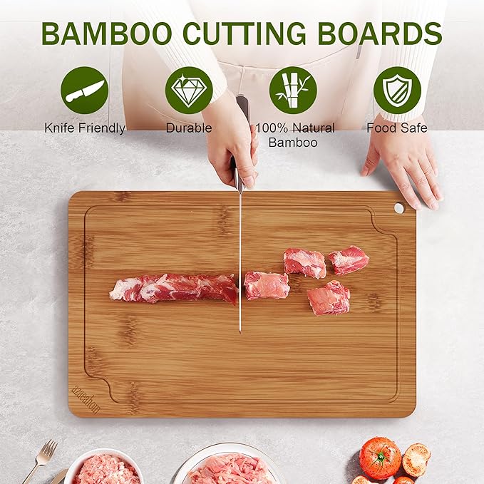 Bamboo Cutting Boards for Kitchen, Wood Cutting Board Set with Juice Grooves & Built-in Handles, Easy Storage & Clean Chopping Board for Meat, Vegetables, Fruit(2 Pcs)