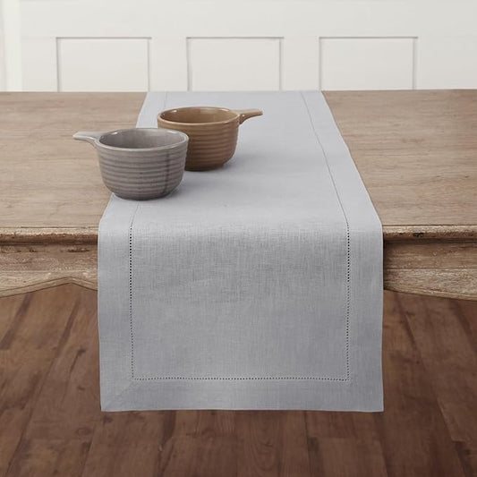 Solino Home Linen Soft Grey Table Runner 120 Inches Long - 100% Pure Linen Hemstitch 14 x 120 Inch Table Runner for Dining, Spring, Easter - Classic Hemstitch