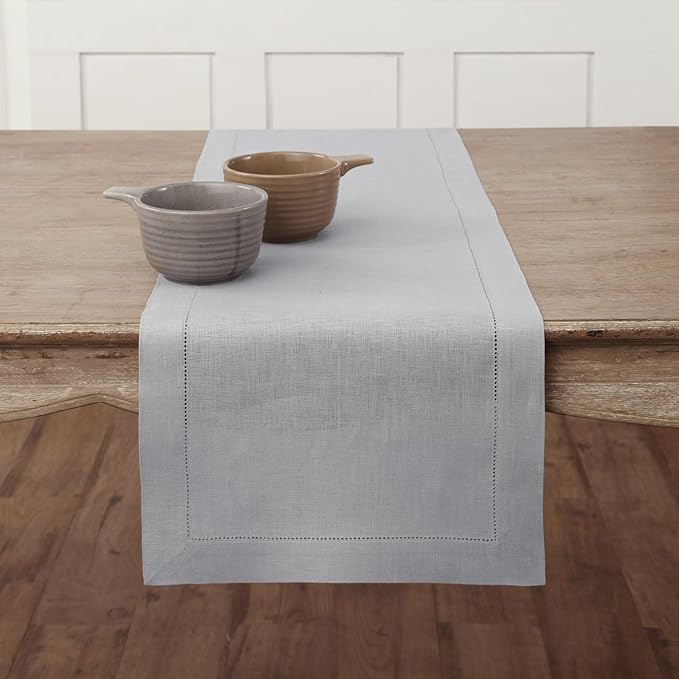 Solino Home Linen Soft Grey Table Runner 144 Inches Long - 100% Pure Linen Extra Long Table Runner 14 x 144 Inch for Spring, Easter - Classic Hemstitch