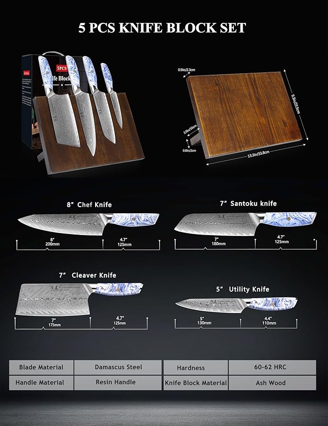 SHANGDAO Damascus Kitchen Knife Set with Magnetic Knife Block, 5 PCS Razor Sharp Kitchen Knives Made of Japanese Damascus Steelwith Block, Full Tang Ergonomic Resin Handle Chef Knife With Gift Box