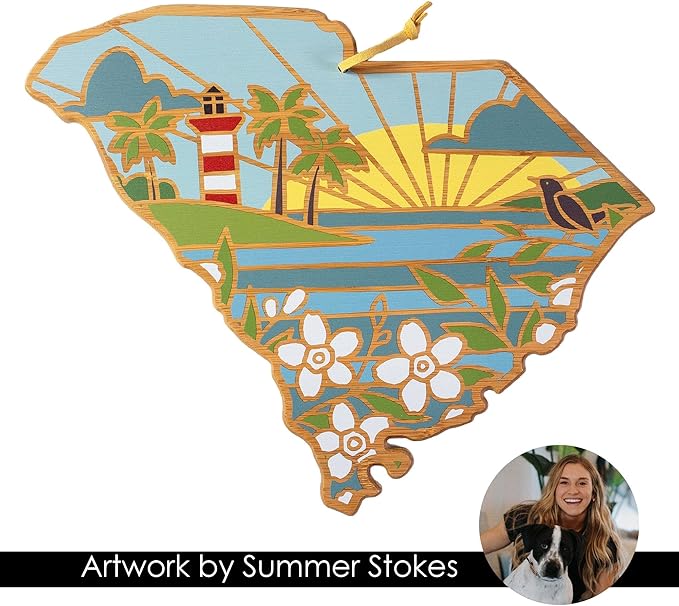 Totally Bamboo South Carolina State Shaped Cutting Board and Charcuterie Serving Platter with Artwork by Summer Stokes, Includes Hang Tie for Wall Display 14" x 11-1/2" x 5/8"