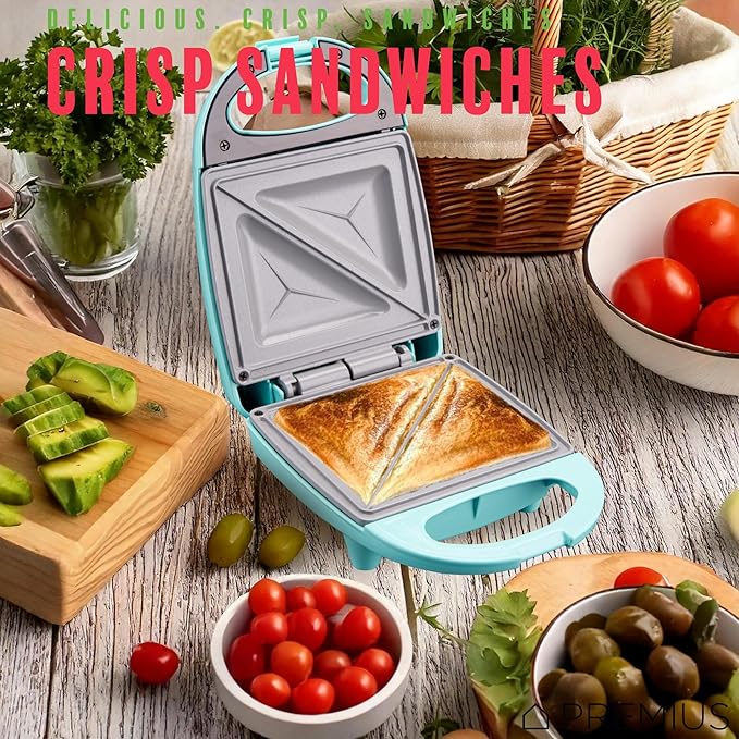 Ceramic NonStick Mini Snack Sandwich Maker, Indicator Light, 5x4.4 Inch Mold, Great for French Toast, Tuna Melt, Egg & Grilled Cheese, Pancake Sandwich, Desserts, Toasties, 520 W (Turquoise)