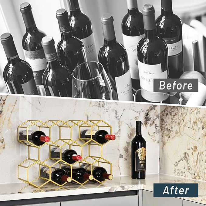 Countertop Wine Rack - 14 Bottle Freestanding Modern Gold Metal Small Wine Rack Two-Way designTabletop Wine Holder Stand for Cabinet, Pantry, Wine Bottle Storage - No Assembly Required