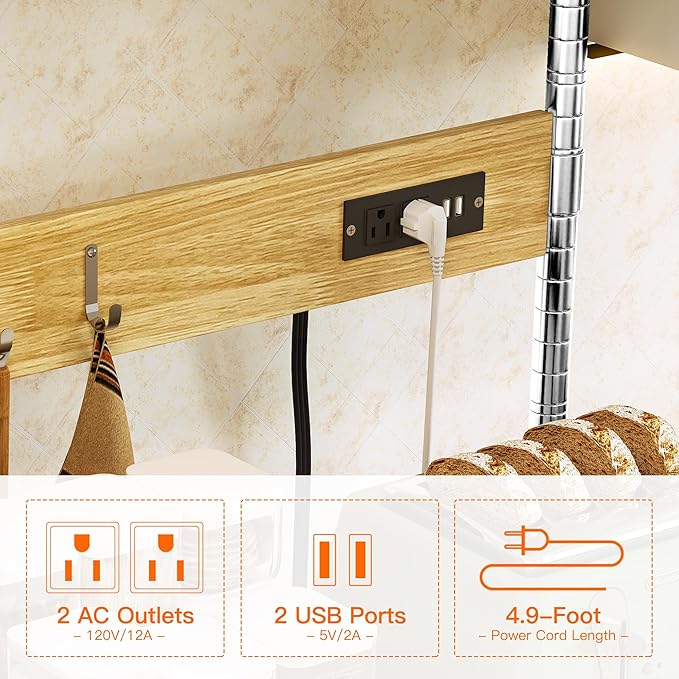 Bakers Rack with Power Outlet & Storage, 33 Inch Microwave Stand Kitchen Shelf Storage Rack, Coffee Bar Cart with Wheels & Hooks, 4-Tier Metal Kitchen Shelves Cart, Chrome