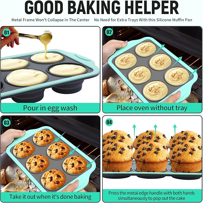 Vynium Muffin Pans for Baking 6 Cups, Silicone Foldable Muffin Pan with Metal Frame, Collapsible Cupcake Pan, Egg Bite Molds, Muffin Tin Tray for Baking Homemade Brownies Puddings(1)