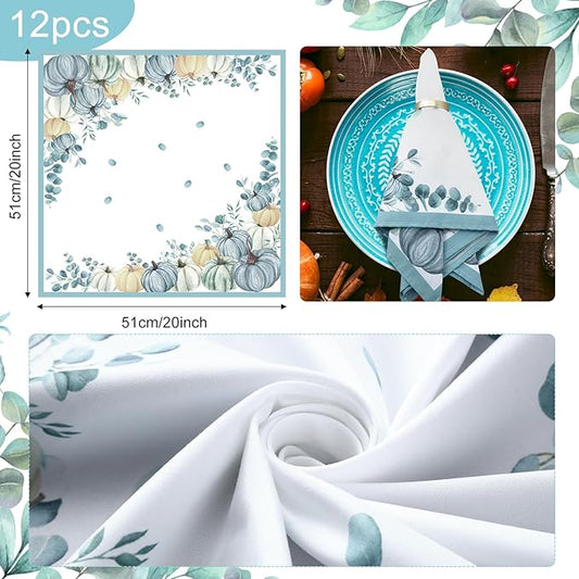 12 Pcs Fall Cloth Napkin 20 x 20 Inch Blue Pumpkin Cloth Napkins Thanksgiving Autumn Harvest Pumpkin Buffalo Plaid Party Dinner Washable Decoration