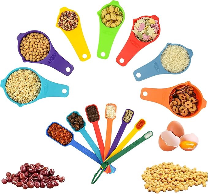 Plastic Measuring Cups and Spoons Set，Dry Measuring cups Set with Spout and Leveler for Kitchen and Baking, BPA free and Dishwasher Safe, Nesting Measuring Cups Colorful Set of 15