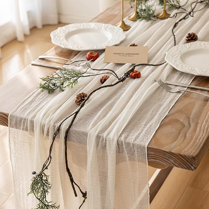 Keketoarrange 6pcs Ivory Gauze Rustic Cheesecloth Table Runner 120 Inch 10 FT for Wedding Baby Shower Bridal Shower Birthday Engagement Garden Outdoor Party Long Sheer Boho Decorations