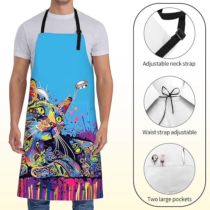 Colorful Cat Apron for Women,28x33in,Fun Artistic Kitten Kitchen Aprons with 2 Pockets,Oxford Fabric,Stylish Creative Adjustable Apron for Cooking Baking Gardening Chef,Gifts for Mom Wife
