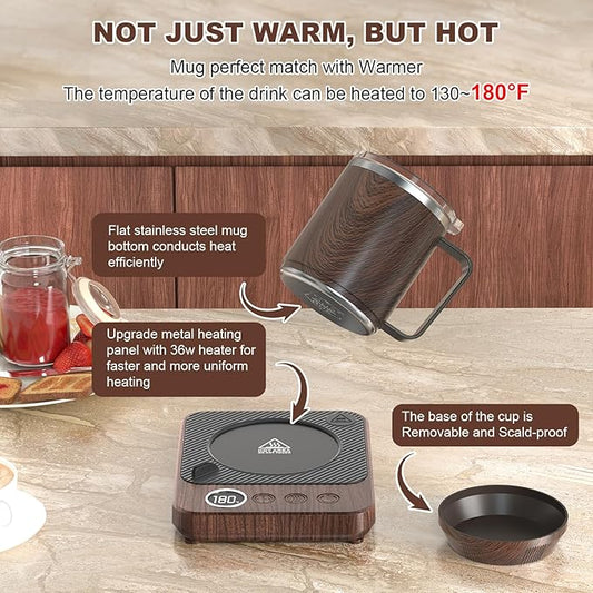 Coffee Mug Warmer & Mug Set for Desk, Smart Coffee Cup Warmer with 16oz Heated Mug, Coffee Heater with Auto Shut Off for Office/Home, Birthday/Valentine's Day/Coffee Gifts for Men & Women, Wood