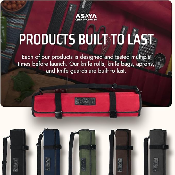 Asaya Canvas Chef Knife Roll Bag - 10 Knife Slots and a Large Zipper Pocket - Durable 10oz Canvas Knife Case with an Adjustable Shoulder Strap - Knives not Included (Red)