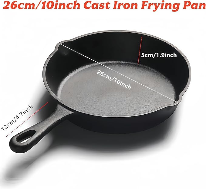 JSY Sun Cast Iron Frying Pan, 10 inch Skillet Frying Pans with Iron Handle for Gas, Induction, Oven, Grill - No Coating, Chemical-Free, Oven Safe, Virgin Iron