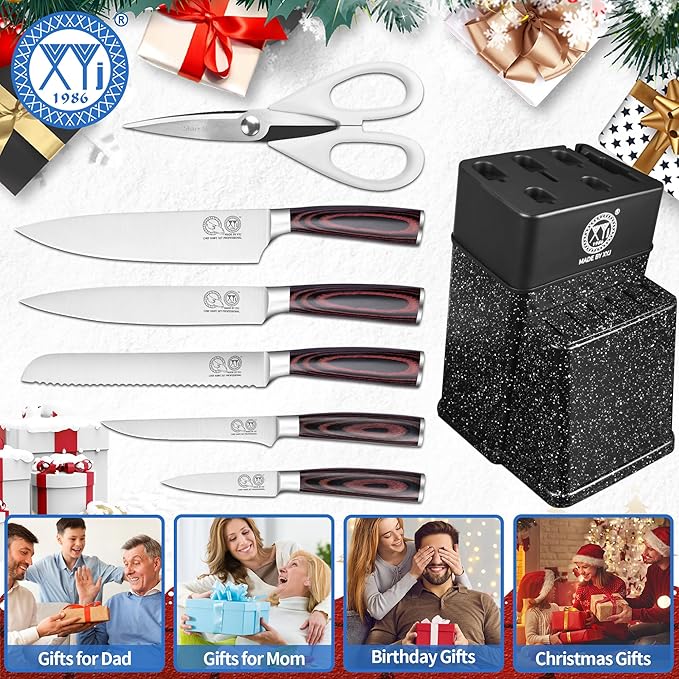 XYJ Professional Knife Set With Block, Scissors, Kitchen Knife Block Set, Stainless Steel Japanese Paring Boning Slicing Bread Chef Knives Set, Wood Handle