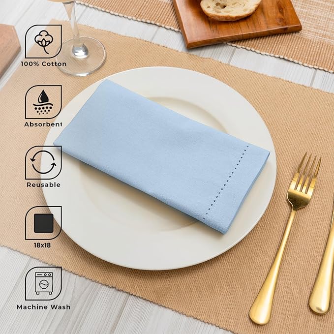 Blue Needles Set of 12 Hemstitch Linen Napkins 100% Cotton Ice Blue Cloth Dinner Napkins 18x18 inches, Soft, Reusable, Absorbent, Washable, Ideal for Wedding Events, Parties & Everyday Use