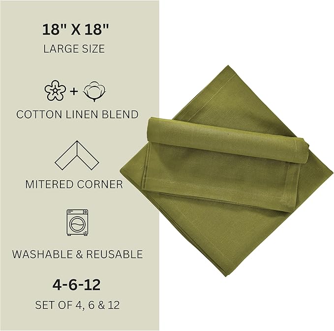 FINGERCRAFT Dinner Cloth Napkins, Cotton Linen Blend Mitered Corner Napkins Cloth 4 Pack Natural Premium Quality for Every Day Use, Parties, Easter, Thanksgiving, Weddings, 18x18 inch Olive Green