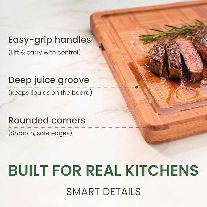 Premium Carbonized Bamboo Cutting Boards – Durable Wooden Chopping Boards with Juice Grooves – Small, Medium, Large & 3-Piece Set – Eco-Friendly, Thick, Crack-Resistant, Easy Grip (Medium)