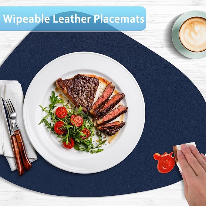Placemats Set of 4, Heat Resistant Leather Placemats Double Layer, Soft Waterproof Round Table Mats Easy to Clean for Kitchen Dining Room Coffee Office Table, Blue