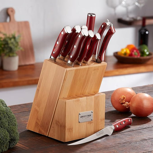 Ergo Chef CRIMSON Series Bamboo Block Knife Set Forged High Carbon X50CrMoV15 German Stainless-Steel, Full Tang, Durable G10 Handles (10pc. Block Set)