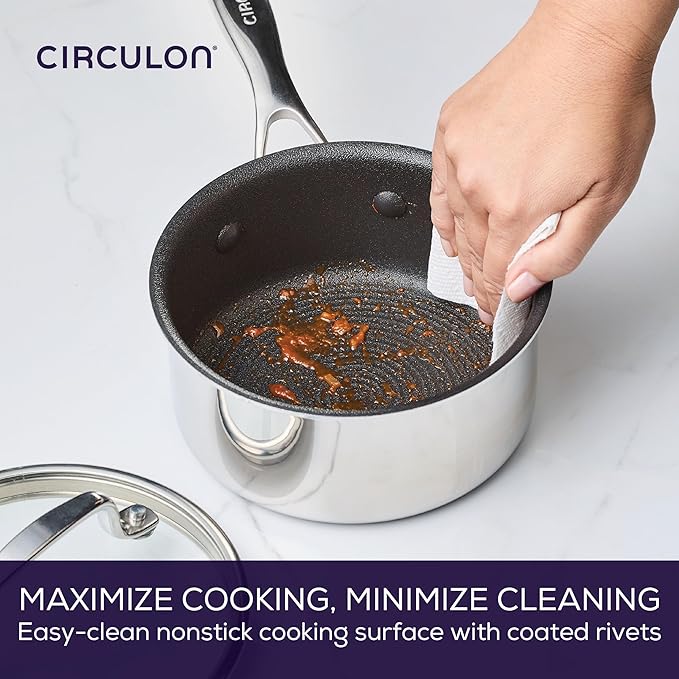 Circulon C1 Series Clad Stainless Steel with ScratchDefense Technology Cookware Nonstick Induction Saucepan with Lid, Metal Utensil Safe, 1.5 Quart - Polished Stainless Steel