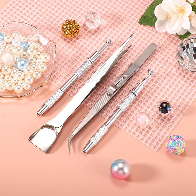 4pcs Sprinkles Tool for Cake Decorating, Jewelry Septum Earring Piercing Ball Bead Holder Screw on Grabber Tool Includes Claw Pen Pearl Grabber & Tweezers with Shovel Head Spoon for Cookie Cupcake