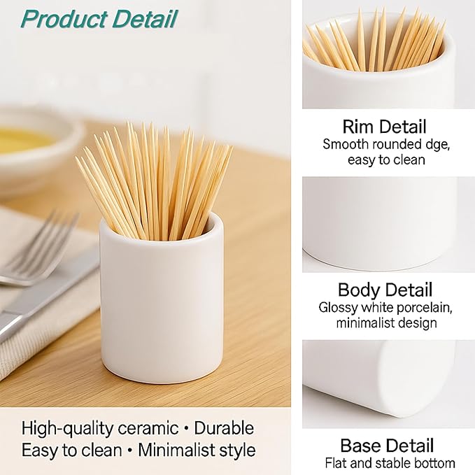 4Packs Mini White Ceramic Toothpick Holder Small Porcelain Toothpick Dispenser Cup Modern Tabletop Toothpick Container for Home, Kitchen, Dining, Party Size 1.3in Dia x 1.8in H