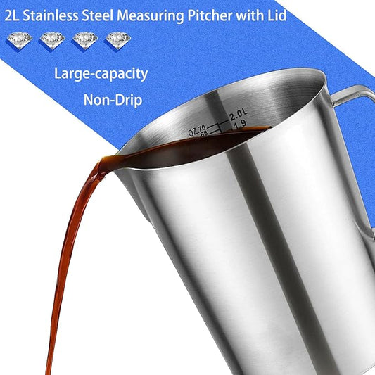 Stainless Steel Measuring Pitcher with Lid, 70 oz / 2L Large Metal Jug with Handle & Dual Scales, Wide Mouth Graduated Cup for Milk Frothing, Iced Tea, Espresso, Hot & Cold Water