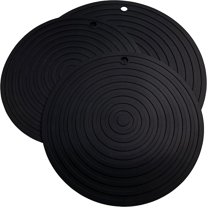 Silicone Trivets Mats for Pots and Pans, Heat Resistant Pot Holders, Flexible Hot Pads for Kitchen Table, Non Slip Mats, Dia11.81 and 9.45 Inches Big Round Microwave Mats Pack 3 Black