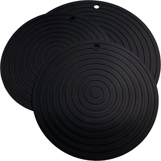 Silicone Trivets Mats for Pots and Pans, Heat Resistant Pot Holders, Flexible Hot Pads for Kitchen Table, Non Slip Mats, Dia11.81 and 9.45 Inches Big Round Microwave Mats Pack 3 Black