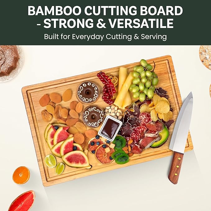 Bamboo Cutting Board for Kitchen - 16" Wooden Cutting Board with Side Handles, Deep Juice Groove, Heavy Duty Chopping Board & Serving Tray, Large Reversible Charcuterie & Cheese Board for Meat Serving
