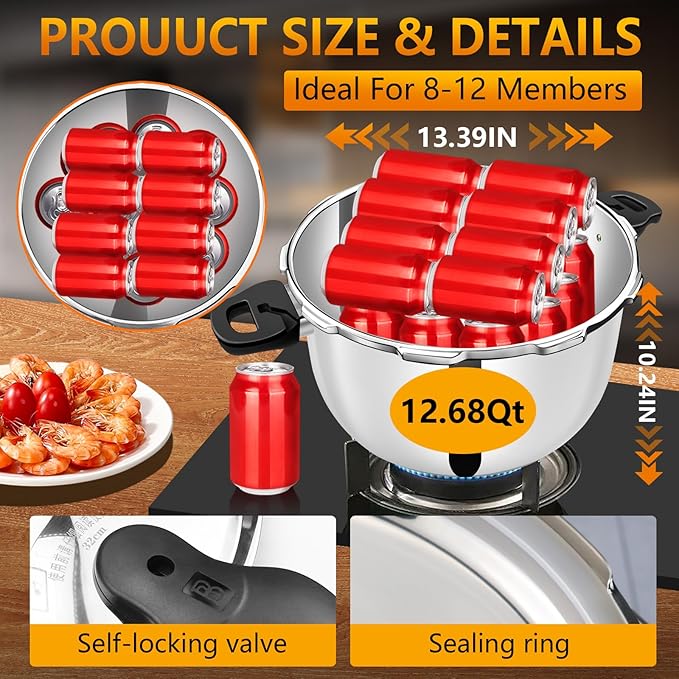 Stainless Steel Pressure Cooker, Peterboo 12 Quart Induction Compatible Thickened Pressure Cooker with Spring Valve Safeguard Devices, Compatible with Gas & Induction Cooker 12+ qt large